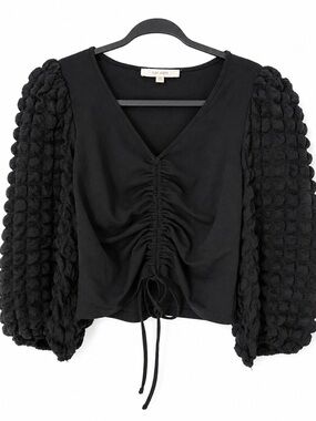 Flat White Black Ruched Cinch Drawstring‎ Bubble Balloon Sleeve Textured Top M